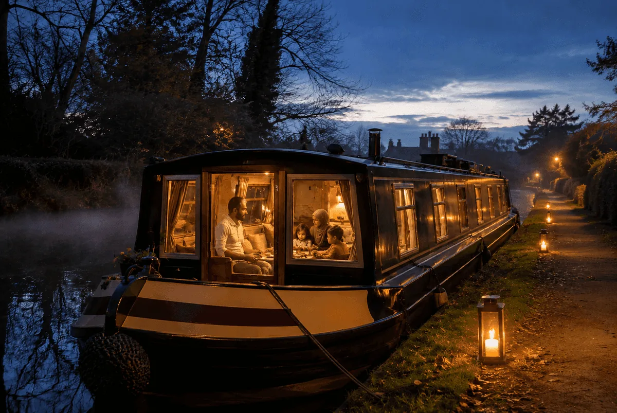 Narrowboat Holiday — moored at dusk, cabin windows glowing